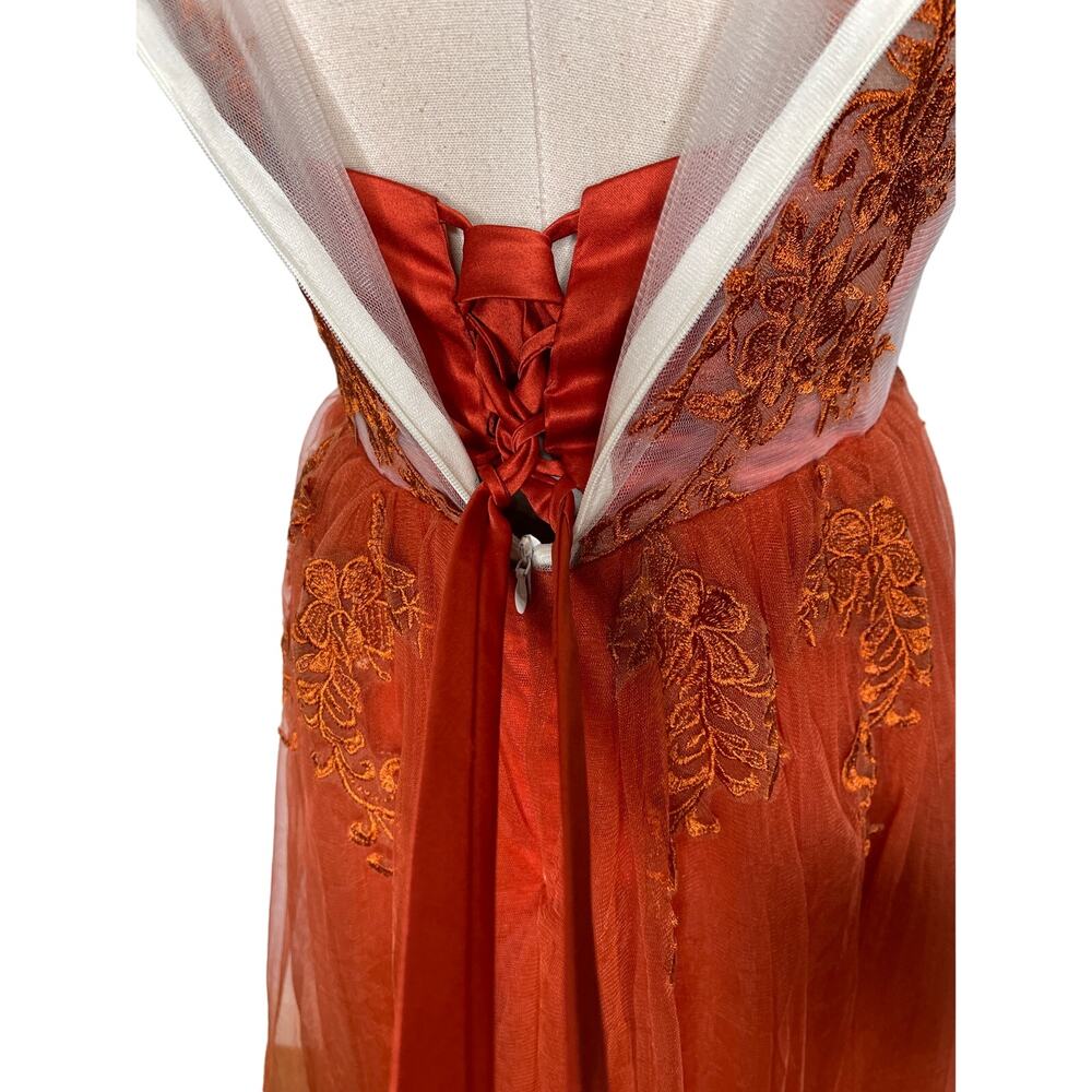 Vintage 1950s Embroidered Tulle Ballgown Couture Prom Dress Orange MINT Size 4 - Picture 10 of 15